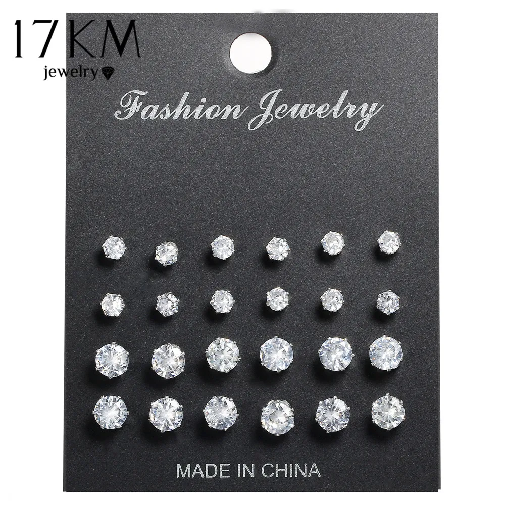 17KM Fashion Cubic Zirconia Stud Earrings Set For Woman Simple Round Silver Color Earring Statement Party Jewelry Gifts 12 Pairs