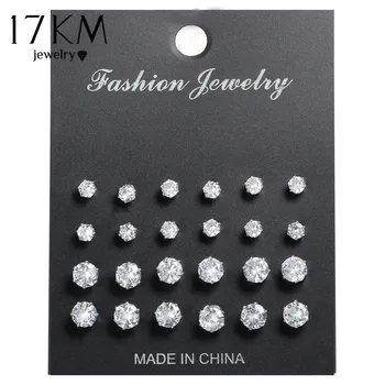 17KM Fashion Cubic Zirconia Stud Earrings Set For Woman Simple Round Silver Color Earring Statement Party Jewelry Gifts 12 Pairs