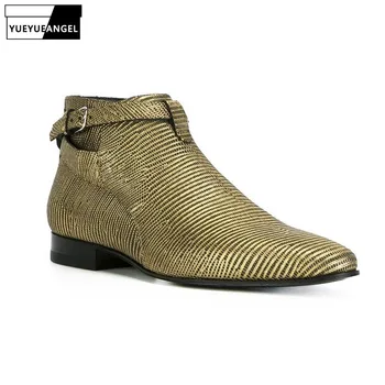 

Euro Office Man Party Formal Genuine Leather Pointed Toe Ankle Boots Work Luxury Runway Snake Grain Wedding Dress Shoes Big Size