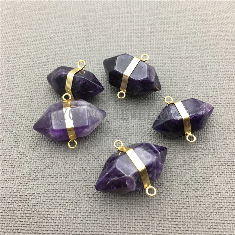 

Amethysts Nugget Pendant,Purple Crystal Quartz Double Terminated point with gold electroplated Connector MY0043