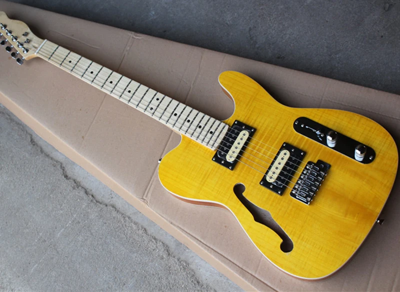 

Factory wholesale yellow semi-hollow tele electric guitar with maple fingerboard,Flame maple veneer,Golden hardwares