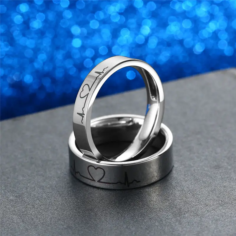 V.YA Romantic Titanium Steel Couple Rings Unique Electrocardiogram Pattern Engagement Rings Women & Men Wedding Jewelries Charms
