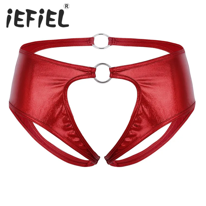 

iEFiEL Fashion Women Lingerie Sexy Soft Faux Leather Crotchless Jockstrap Low Rise Briefs G-String Underwear with Metal O-Rings