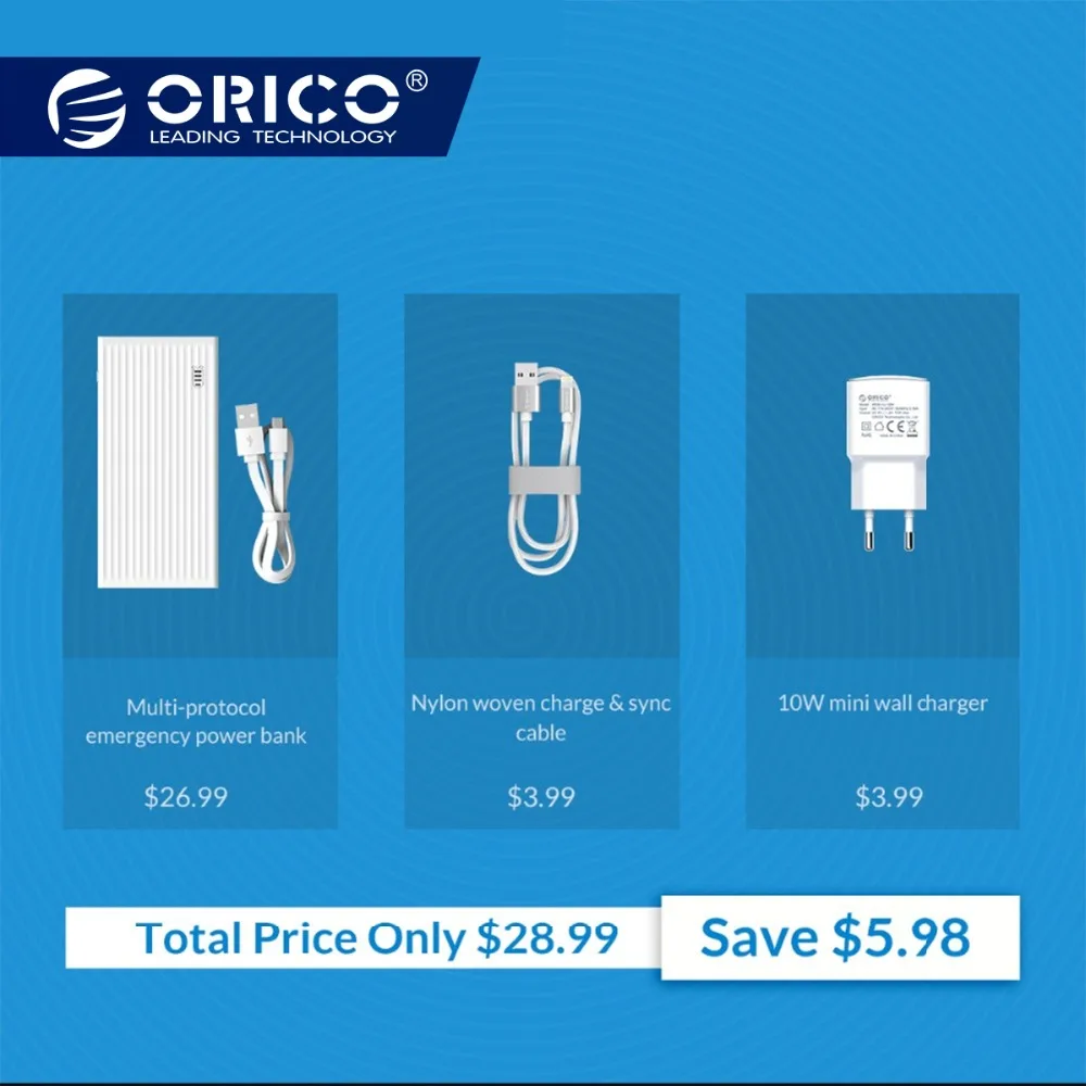 

ORICO 10000mAh Power Bank With 5V2A10W USB Charger Lighting USB Cable QC3.0 External Battery Bank with Dual USB Output for Phone