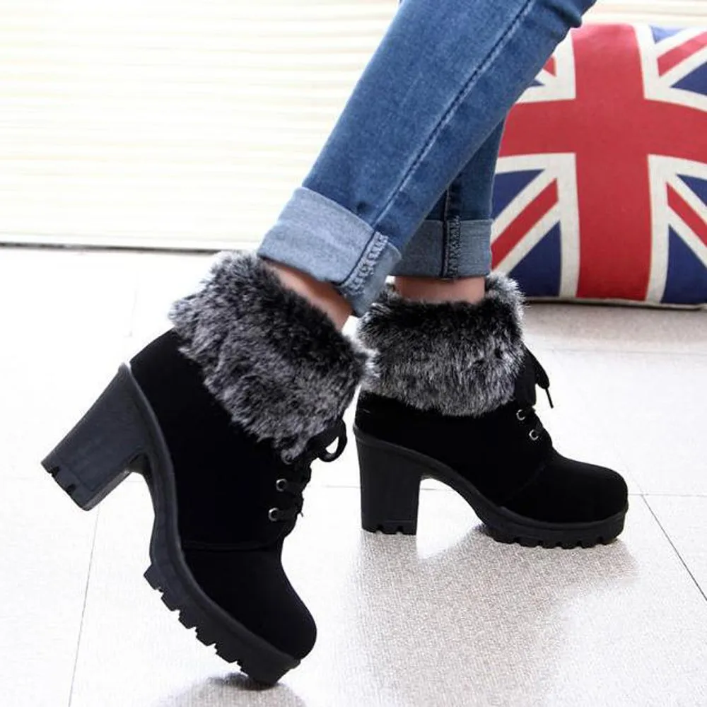 Женские зимние ботинки на меху удобные ботильоны до середины икры со шнуровкой на квадратном каблуке Нескользящие теплые ботинки на резиновой подошве botas mujer
