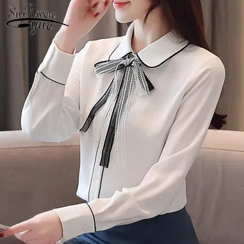

2019 spring women Chiffon blouse Long sleeve Chiffon shirt women tie bow-knot with a solid color Lady shirt Office lady 2533 50
