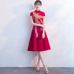 Вышивка феникс Qipao Для женщин элегантный короткий рукав Cheongsam Бургундия китайский невесты Свадебная вечеринка платье Классический Vestidos XXL