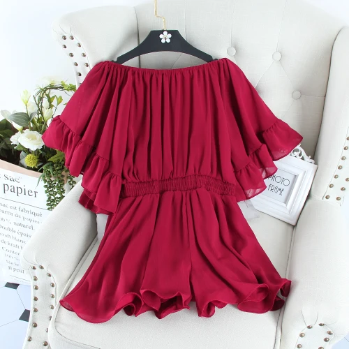 wine red jumpsuit Woherb, сексуальный комбинезон с открытыми плечами, корейский комбинезон, женские шифоновые Комбинезоны, Свободный комбинезон с расклешенными рукавами и рюшами, черные комбинезоны - Цвет: wine red jumpsuit