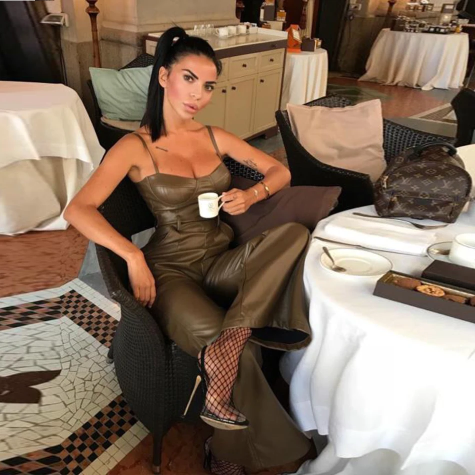 New Celebrity High Quality Non-slip Army Green Leather Loose Jumpsuit 2019 New Belt Decoration Sexy Fashion Party Jumpsuit