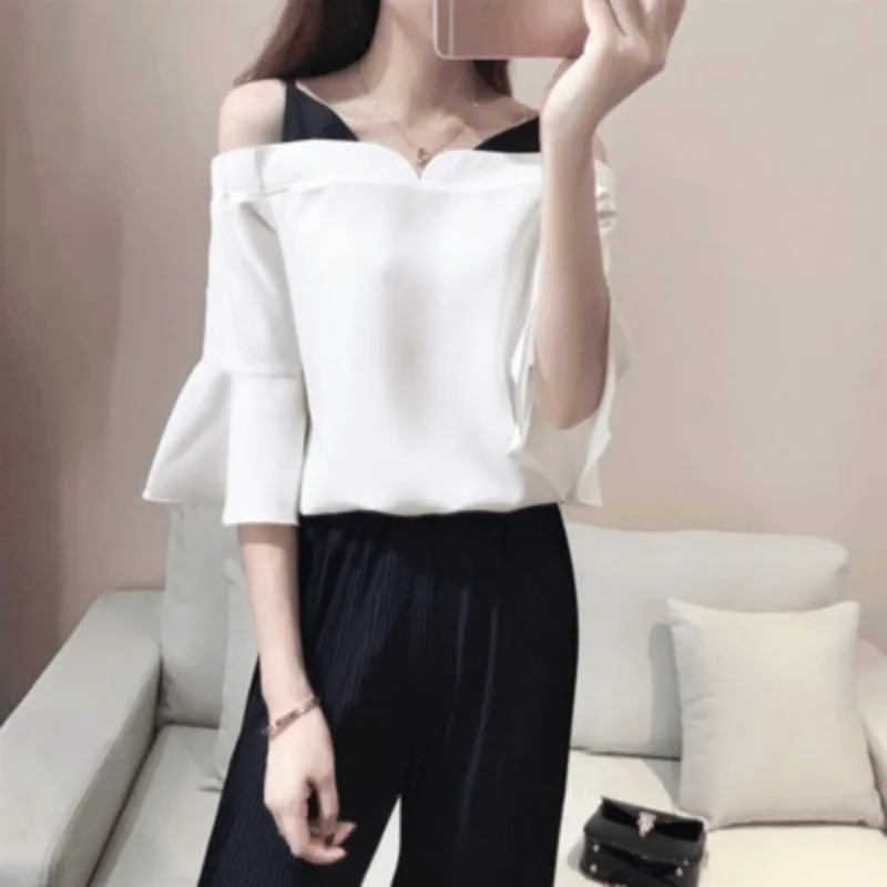 

Women Temperament Chiffon Ruffles Sleeves Cold Shoulder Color Block Top And Ankle-Length Pockets Wide Leg Pants Two Piece Set