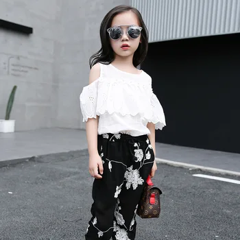 

Kids Girls Summer Clothing Sets 2 pcs Fashion Trends White Lace Blouse Top + Black Flowers Pants Set for Teenage Girls Clothes
