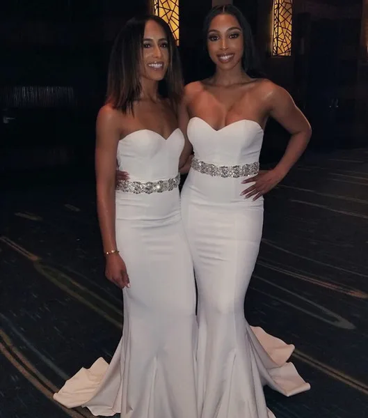 Sweetheart 2018 New Arrival Ivory Mermaid Bridesmaid Dresses Satin Beads Sashes Pleats Formal Maid Of Honor Dress Bridesmaid Gowns