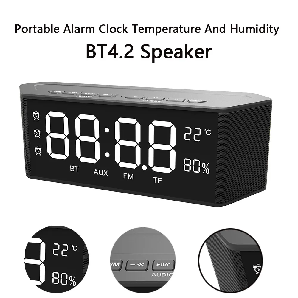 

New Alarm Clock Radio BT4.2 Speaker With Temperature And Humidity Display Portable Design, Wireless Bluetooth Audio Transmission