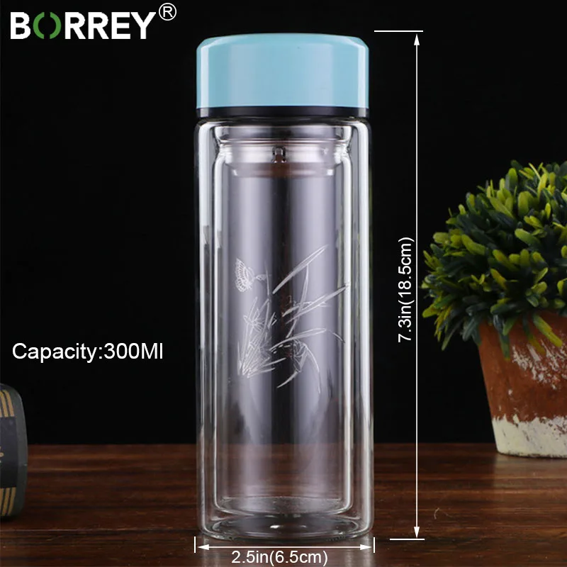 Tanie BORREY 300ML trwałe szkło butelka wody podwójna ściana szklana butelka na herbatę z zaparzacz do herbaty szkło biurowe butelka wody Bpa za darmo