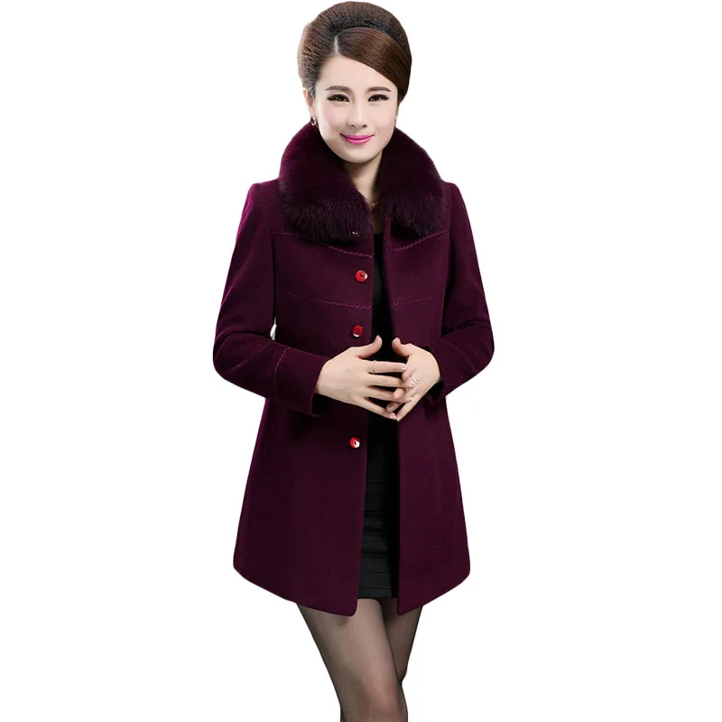 Plus Size L-5XL Autumn Winter Coat Hot Women Slim Elegant Fur Collar Single-Breasted Womens Wool Blended Mother's Day Gift XH923