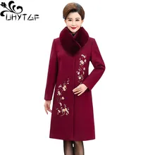 UHYTGF L-5XL плюс размер верхняя одежда Женская мода меховой воротник вышивка зимнее шерстяное пальто стоячий воротник тонкий длинный шерстяной жакет 1147