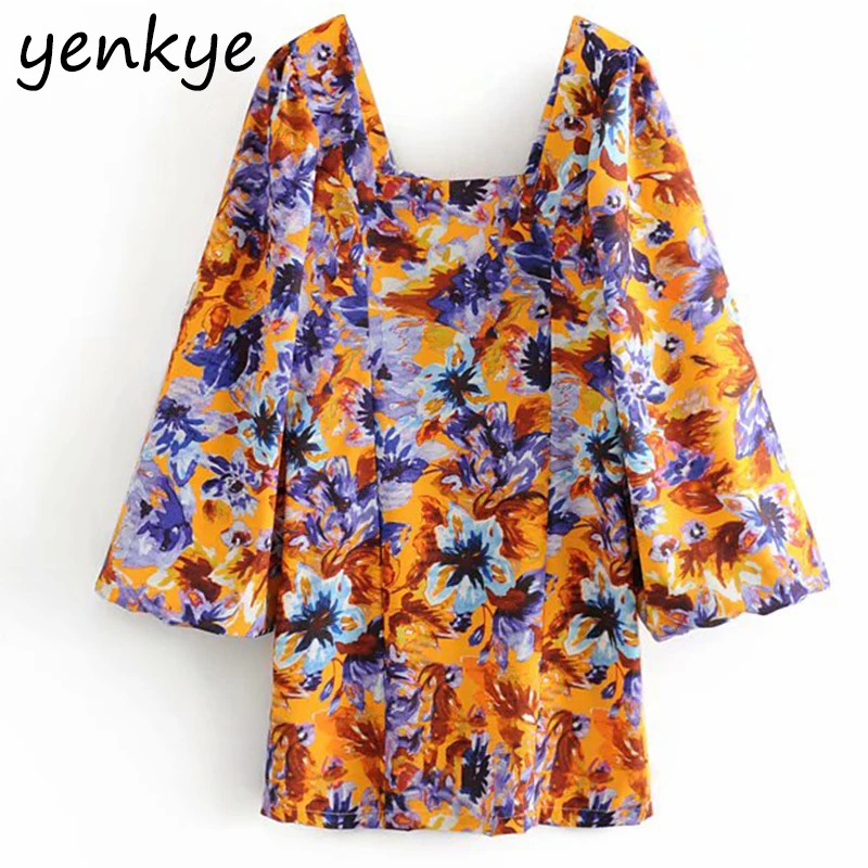 

Summer Dress 2019 Women Multicolor Floral Print Puff Sleeve Dress Female Square Neck Bodycon Mini Dress HHWM2072