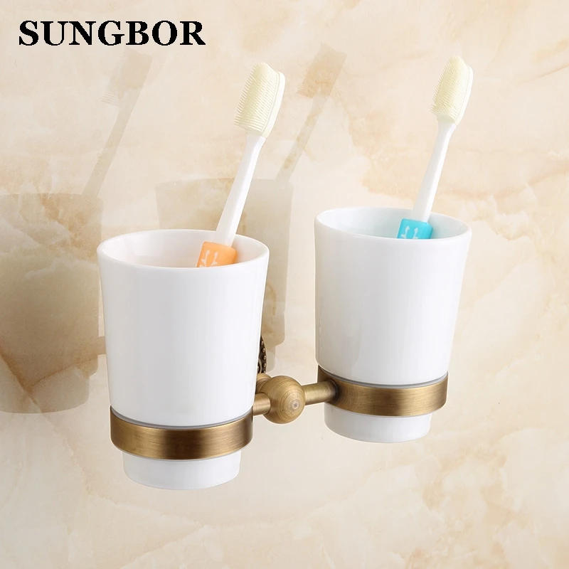 Ceramics Brass Bathroom Wall mounted Cup & Tumbler Holders Set Double