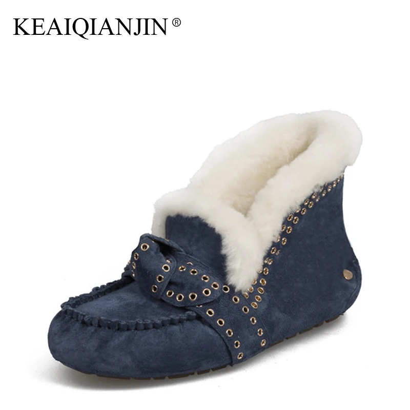 

KEAIQIANJIN Woman Butterfly Shearling Flats Oxfords Winter Brown Blue Bray Studded Flats Fashion Genuine Leather Loafers Shoes