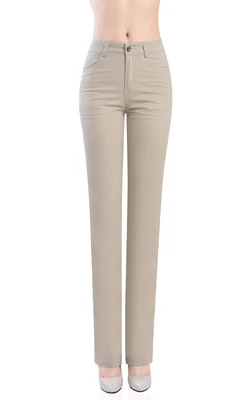 Эластичные хлопковые повседневные Прямые брюки с высокой талией размера плюс женские тонкие брюки в западном стиле Большие размеры 27-34 - Цвет: light khaki