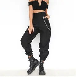 2018 летние женские шаровары с высокой талией женские модные тонкие однотонные длинные штаны хип-хоп брюки уличная с цепочками 15