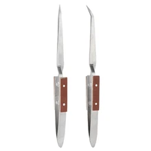 2 X Self Locking Closing Tweezers Straight Curved Tweezer Anvil Wood Grip