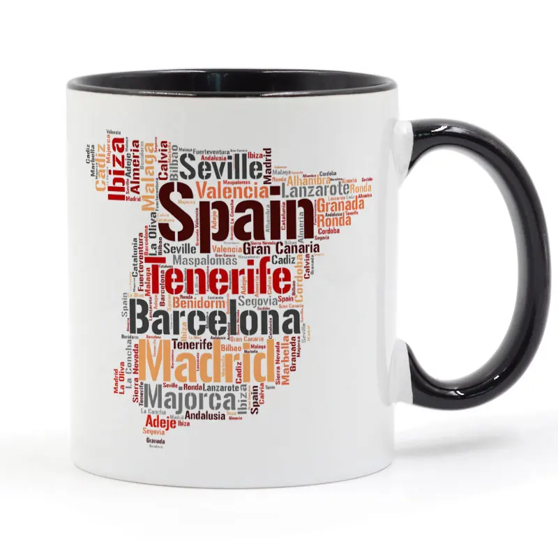 

Spain word map Coffee Mug Ceramic Cup Color Handle Colour Inside Gifts 11oz GA1053