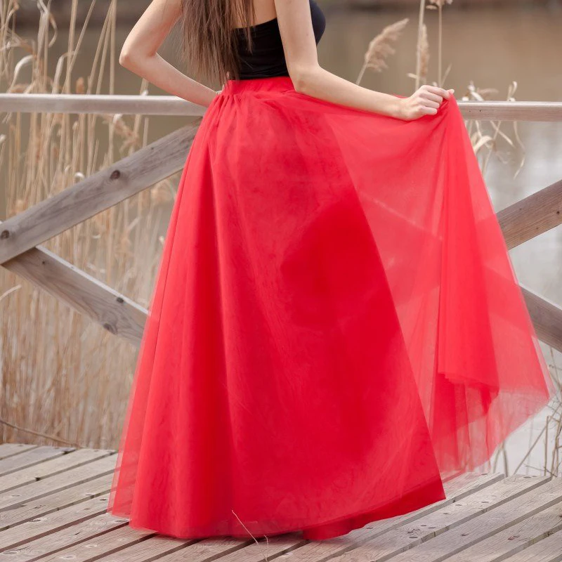 Красная длинная Тюлевая юбка на заказ, шикарная шифоновая Пышная юбка-пачка макси, Женская драпированная модная женская Юбка Saia Jupe Faldas 5XL - Цвет: 17003-12
