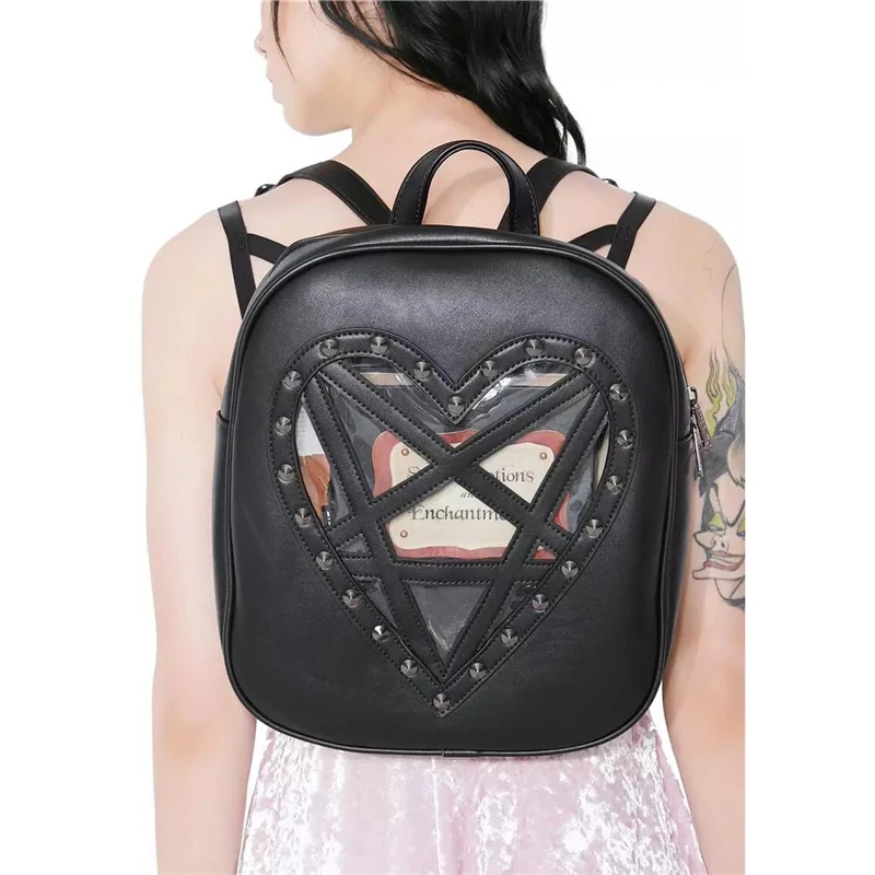 Punk Gothic Backpack Dark Black PU Leather Harajuku Rivets Shoulder Bag