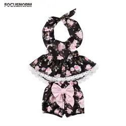 Лидер продаж для маленьких девочек Цветочный комплект одежды розового принтом платье без рукавов Короткие бантом цветочный Брюки для
