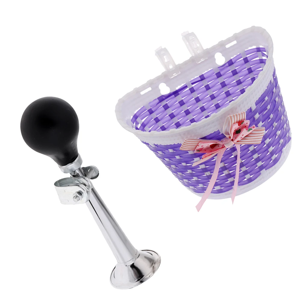 Kids Rubber Bulb Bike Air Horn Bugle with Front Basket Shopping Holder for Girls Bicycle Scooter Pink Purple