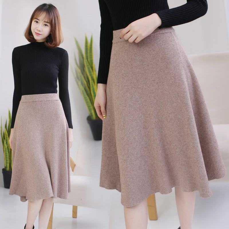 High Quality Midi Skirts Autumn Winter Casual Women Clothing High Waist Pleated A Line Knee Length Elegant Long Skirts SK-010