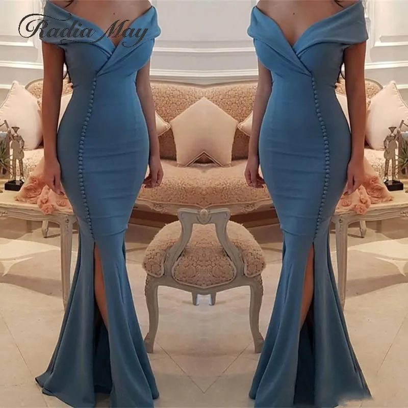 

Elegant Off the Shoulder Mermaid Turquoise Blue Evening Dress 2019 Sexy V-Neck Side Split Dubai Arabic Formal Prom Dresses Long