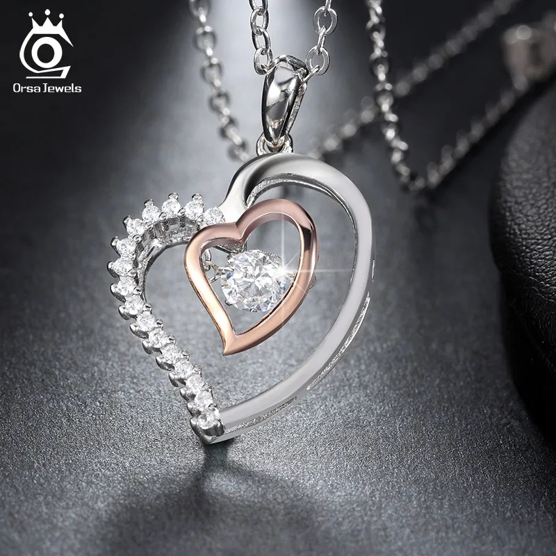 ORSA JEWELS Genuine 925 Silver Double Heart Pendant Necklace with 0.3 ct Crystal Rhodium mixed Rose Gold Color Necklaces SN15 - Image 4