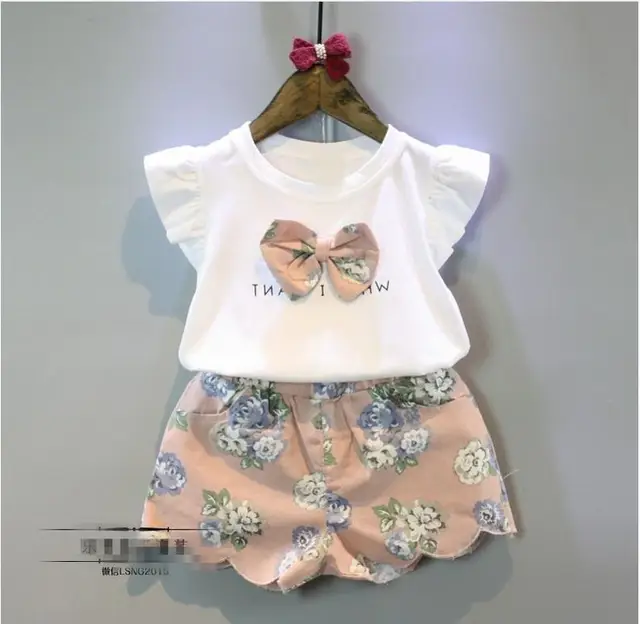 Cheap summer Europe fashionable Girls sleeveless Plaid Shorts suit coat color letter alphabet T-shirt + bow Plaid Shorts birthday gift