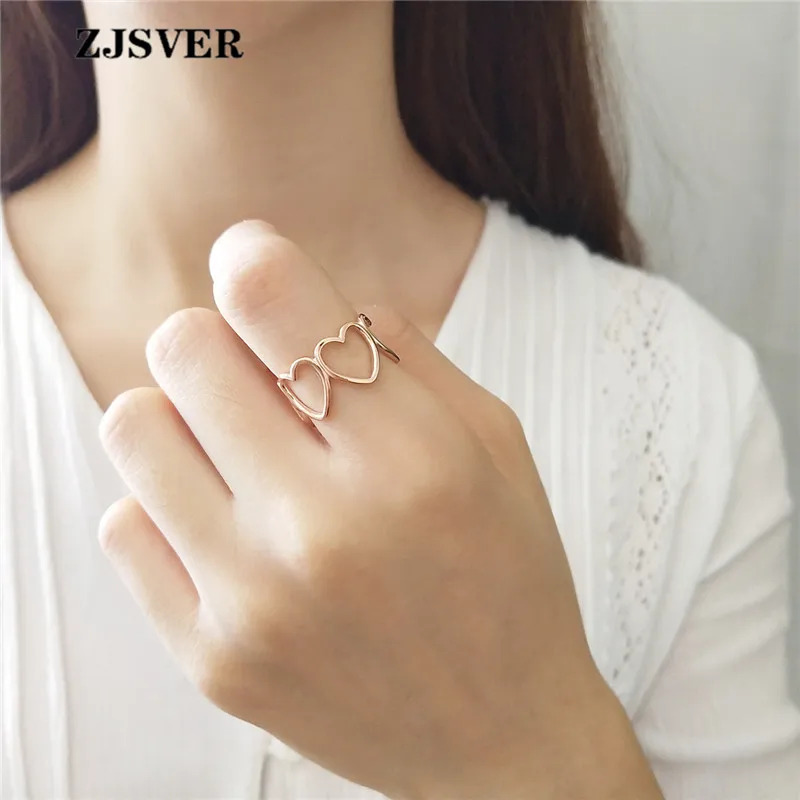

ZJSVER Korean Jewelry 925 Sterling Silver Rings Golden Fashion Hollow Heart To Heart Shape Women Ring For Festival Gift