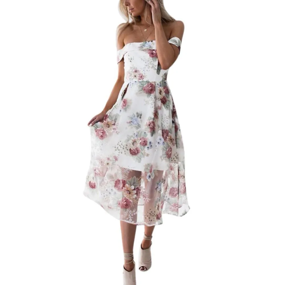 

Bohemian Sexy Off Shoulder Dress Floral Print Tunic Sleeveless Party Mesh Dresses