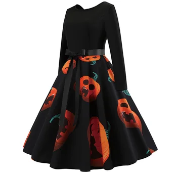 

Halloween Round Collar Long Sleeve Pumpkin Printed Halloween Party Dresses Game Costumes for Rave Party Stage
