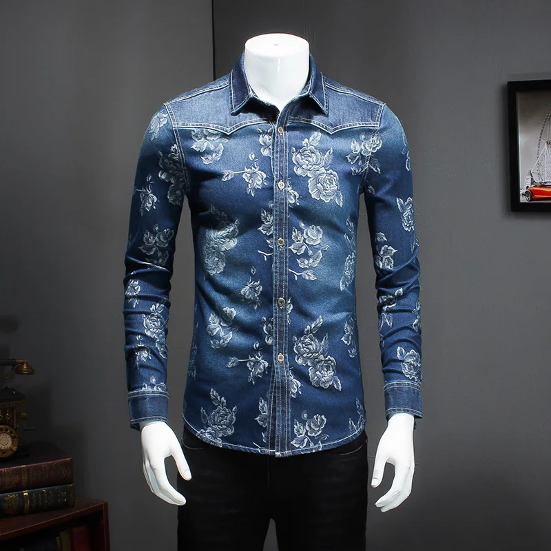 

Demin Shirt Men 2019 New Arrivals Chinese Fashion Floral Style Male Casual Shirts Drop Shipping Plus Size M- 5XL #5511
