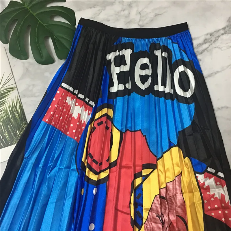 Новые осенние элегантные гофрированные длинные юбки с рисунком из мультфильма и буквенным принтом женские юбки до середины икры с высокой талией из тюля в стиле Харадзюку