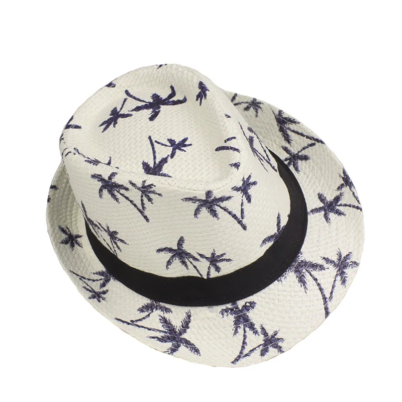 Fashion Unisex Coconut Tree Jazz Straw Hat Kids Trilby panama Hats Women Men Casual Beach Bucket Cap Summer Sunscreen Cap CP0263 (4)