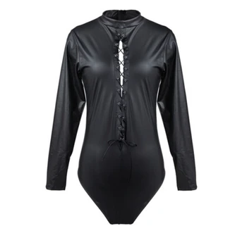 

Top Fashion Black Rompers Womens Jumpsuit Women PU Leather PVC Wet Look Lace Up Bodysuit Catsuit Long Sleeve Leotard Top