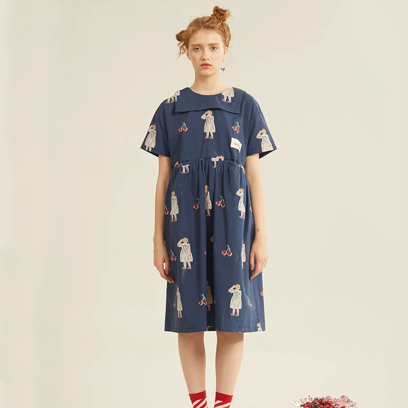 

Preppy Style Women Summer Chiffon Dress Short Sleeve Sailor Collar Girl's Loose Dresses Harajuku Sweet Cherry Bow Fashion Design
