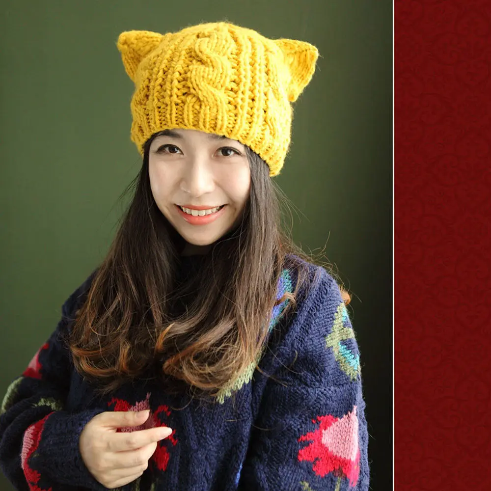 Новые поступления, модная популярная женская повседневная плетеная шапка с рогами дьявола, кошачьими ушками, вязаная шапка, лыжная шапка, женская зимняя теплая шапка - Цвет: Цвет: желтый