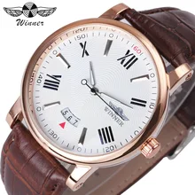 WINNER Fashion Minimalist Men Auto Mechanical Watch Leather Strap Date Display White Dial Top Brand Luxury Wristwatch