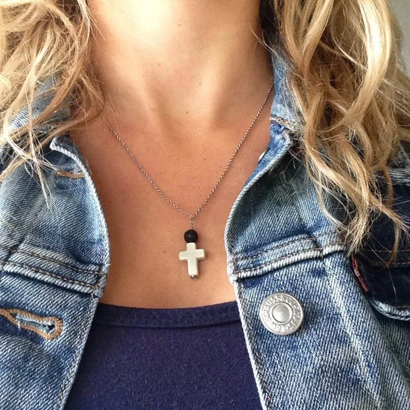 

Boho Lava Bead Stone Diffuser Necklace Cross Choker Necklaces Oil Diffuser Lava Choker Aromatherapy Jewelry