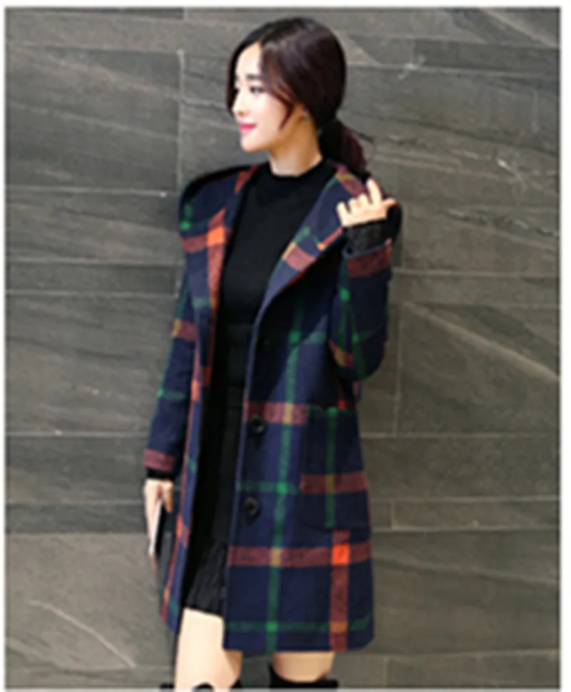 

2019 Winter Coat Women Woollen Plaid Hooded Overcoat England Style Fashion Slim Long Outwear manteau femme hiver Wool Coat