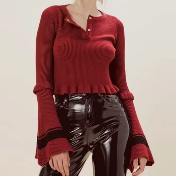 

Casual Contrast Color O-neck Long Flare Sleeve with Ruffles Short Length Pullover Sweater Striped Knitting Wear Sweater