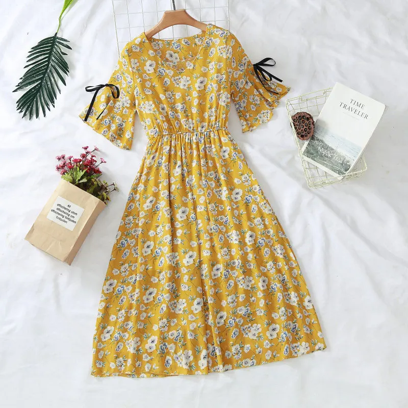 

7 Style S-3XL Plus Size Dress Women Summer New Kawaii Chiffon V Neck Floral Dress Fresh Prairie Chic Slim Printed Ladies Dresses