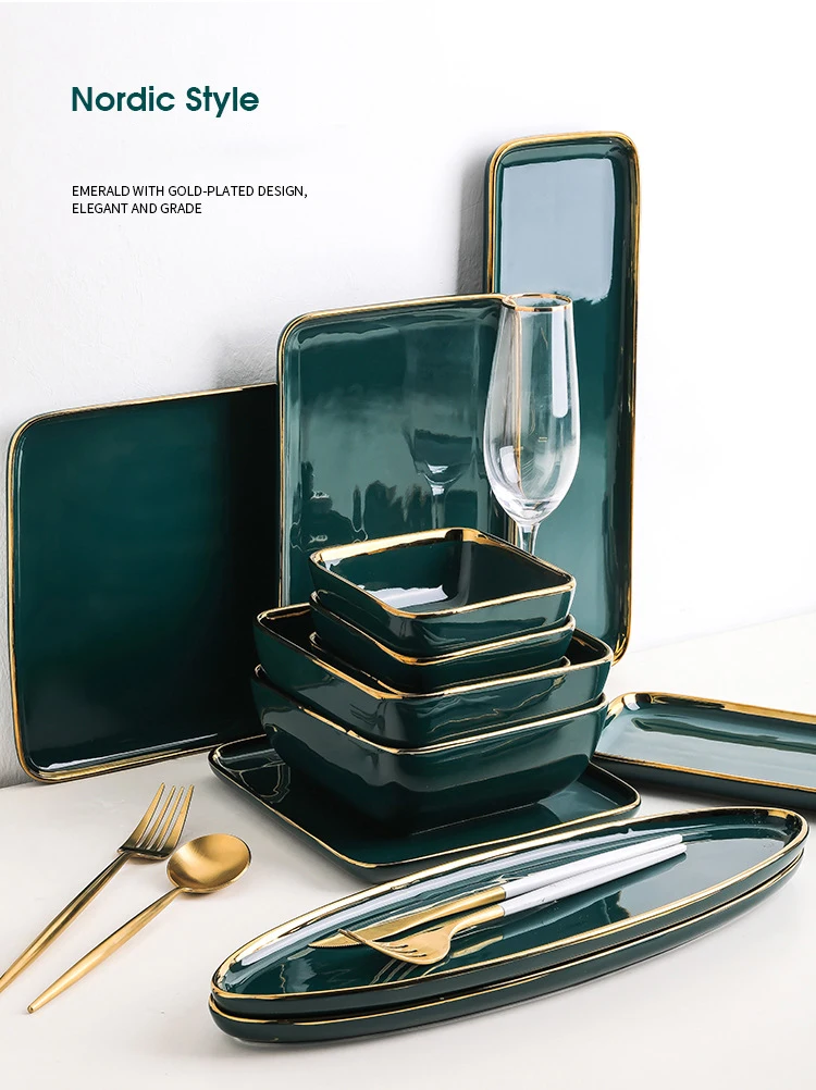 Elegant Green Ceramic Dinnerware Set With Gold Inlay Includes Porcelain Dessert Plates Soup Bowls Steak Plates - 1